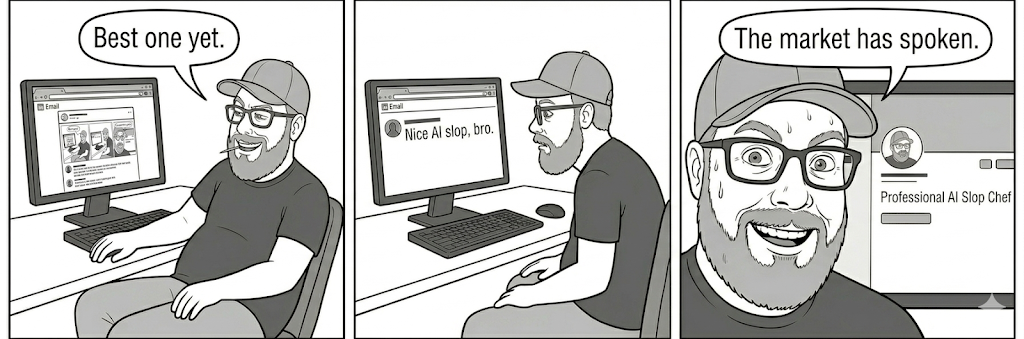 A guy proudly posts his comic online, gets a comment calling it AI slop, then embraces it by updating his bio to Professional AI Slop Chef.